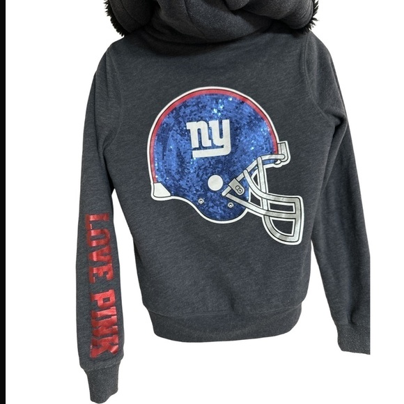 PINK NFL NYGiants Faux Fur Lined Zip Hoodie Sequinned Helmet Bling Warm Tailgate - Picture 7 of 10